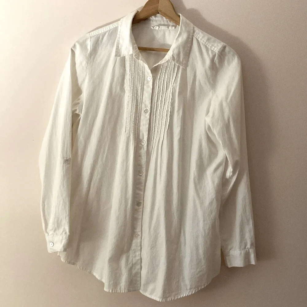 Women's J.Jill Button Down Blouse Shirt, M, White Cotton Pintucked